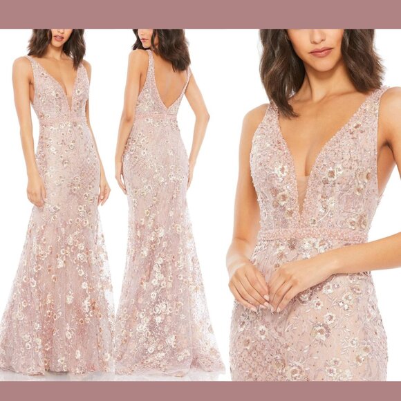 NWT $698‎ Mac Duggal [ 10 ] Floral Embellished Sleeveless Plunge Neck Gown Rose - Picture 1 of 15